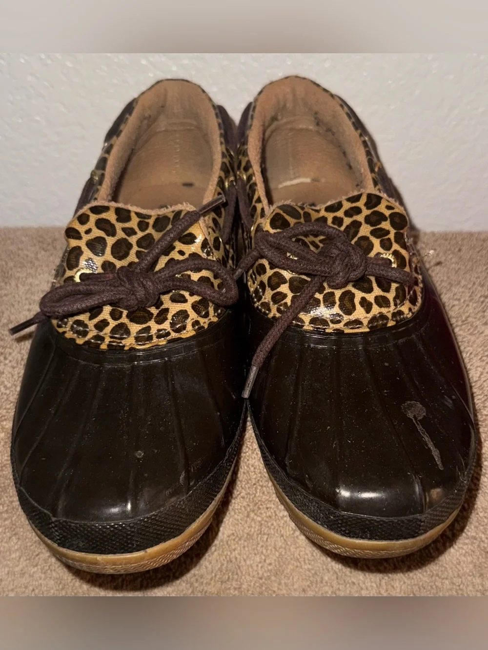 Sperry Black Duck Boots with Leopard Trim and Brown Sole